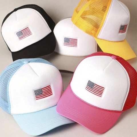 Trucker Hat Baseball Cap Polyester Foam Mesh Embroidered US Flag Patch Adjustable Breathable Outdoor Casual Travel Vintage