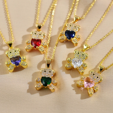Teddybär Anhänger Halskette Gold Plattiert Kupfer Herzform Bunter Zirkon Süße Schlüsselbeinkette Mode Schmuck