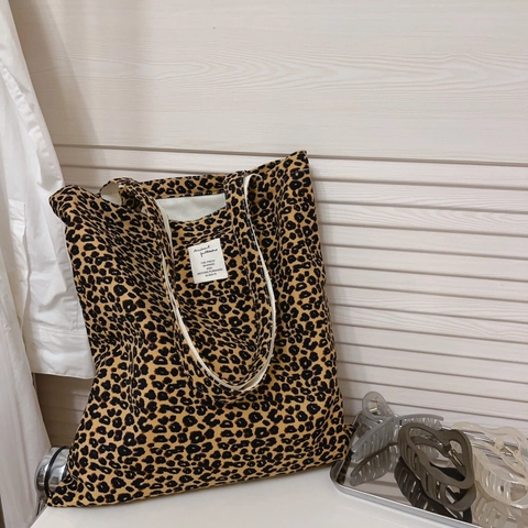 Leopard Print Canvas Tote Bag Large Capacity Twill Velvet Shoulder Handbag Retro Trendy For Women Students Daily