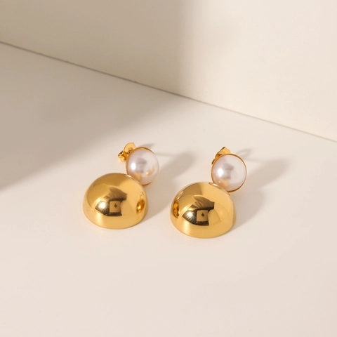 Stainless Steel Artificial Pearl Earrings 18K Gold Plated Semi Circle Studs For Women Hypoallergenic With Stainless Steel Earring Post