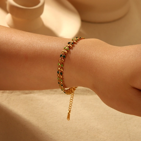 Bracciale Foglia Di Ulivo Acciaio Inossidabile Con Smalto Verde Placcato Oro 18K Gioielli Eleganti Per Donna