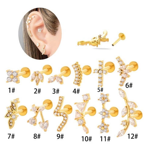 Internal Thread Labret Studs Stainless Steel Post Zircon Copper Ear Cartilage Piercing Cherry Cross Flower Leaf Women