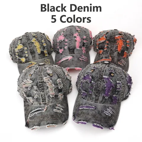 Vintage Washed Denim Baseball Cap Distressed Ripped Holes Streetwear Peaked Hat Contrast Color Sunshade Adjustable Men Women