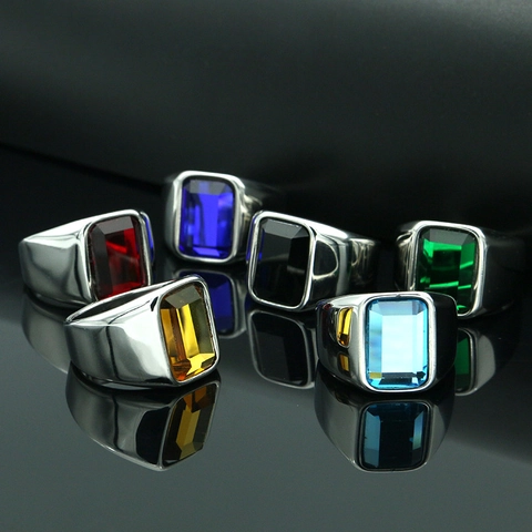 Heren Titanium Staal Ring Grote Rechthoekige Edelsteen Emerald Cut Gepolijste Band Ring Eenvoudige Robuuste Heren Sieraden