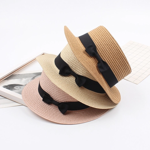 Cappello Paglia Boater Testa Piatta Protezione Solare Estate Spiaggia Retrò Stile Britannico Fiocco Nero Donne Ragazze