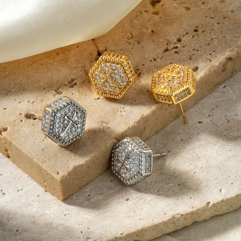 Fashion Hexagon Cross Stud Earrings Copper Pave Rhinestone Ear Jewelry Hip Hop Style Gold Silver Tone For Women Gift