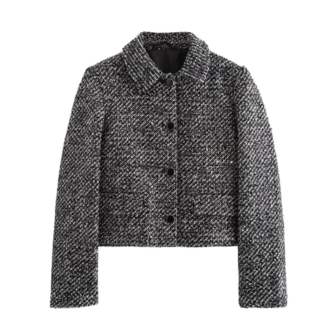 Dames Pailletten Tweed Jas Elegant Lange Mouwen Single Breasted Kort Jasje Modieuze Socialite Stijl Casual Mantel