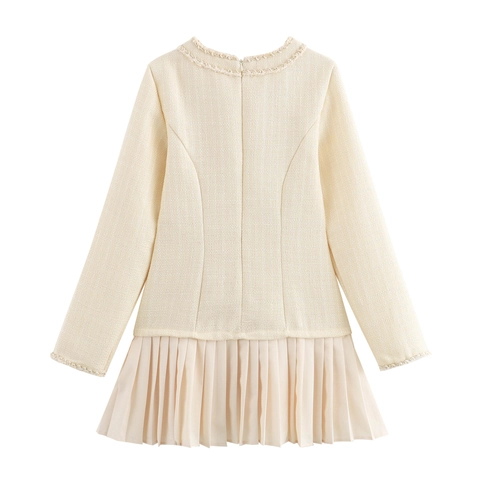 Tweed Pleated Patchwork Mini Dress Long Sleeve Round Neck Elegant Office Party Chic Dress For Women With Buttons