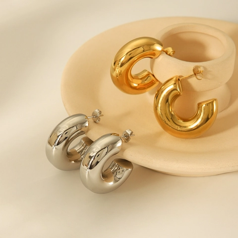 Boucles D'oreilles Créoles Chunky C En Acier Inoxydable Plaqué Or 18K Minimalistes Creuses Polies Miroir Imperméables Pour Femmes