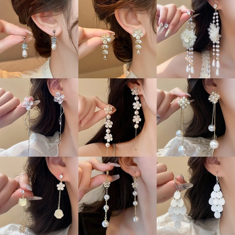 Flower Artificial Pearl Tassel Dangle Earrings With 925 Sterling Silver Earring Post Alloy Rhinestone Elegant Chic Jewelry Women
