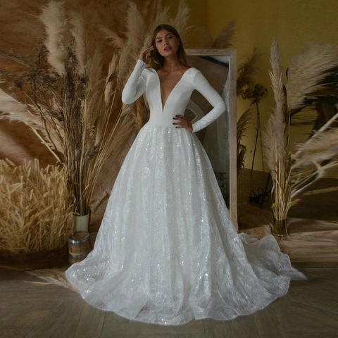 Robe De Mariée Col En V Profond Manches Longues Paillettes Ligne A Robe De Mariée Ivoire Satin Mesh Style Boho Élégant