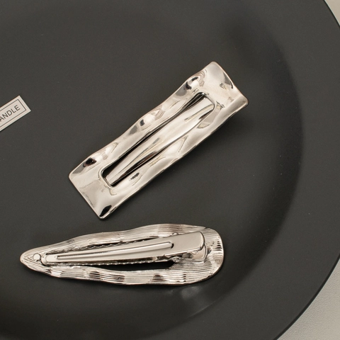 Pinzas Para El Cabello De Metal Color Plata Geométricas Rectángulo Gota De Agua Lazo Textura Martillada Horquilla Para Mujer