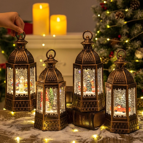 Christmas Snow Globe Lantern LED Lighted Spinning Water Glitter Retro Bronze Decorative Lamp Holiday Desktop Ornament Santa Snowman Scene