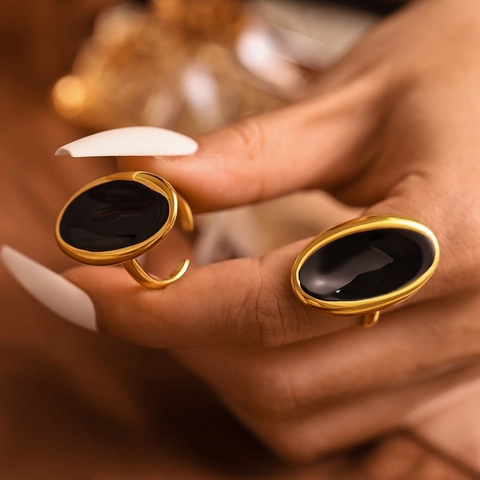 French Style Oval Open Ring Stainless Steel PVD Gold Plated Enamel Black Statement Ring Adjustable Light Luxury Women Jewelry