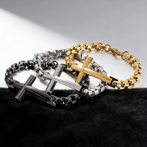 Bracciale Croce Uomo Acciaio Inossidabile 316L Catena Box Gioielli Religiosi Moda Hip Hop Regalo Per Ragazzi