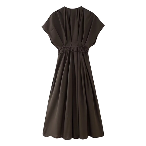 Women V Neck Maxi Dress Pleated Waist Tie Solid Color Elegant Work Office Polyester Long Gown