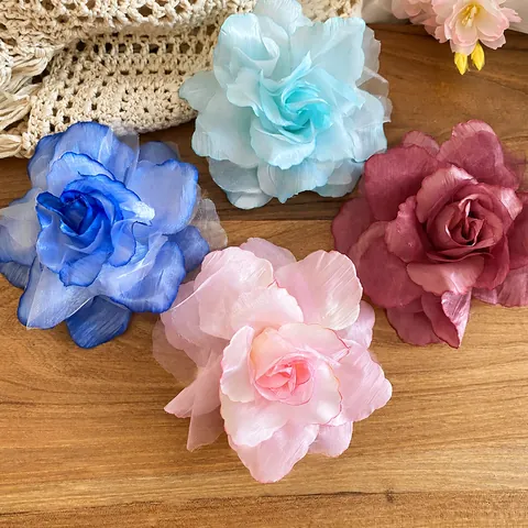 Grande Pince à Cheveux Fleur en Maille de Tissu Fait à la Main Gaze Rose Pince à Bec de Canard Accessoires Cheveux