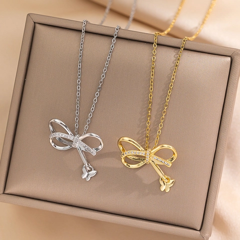Elegante Collana Con Ciondolo A Fiocco E Farfalla Da Donna Strass Lucidi Acciaio Al Titanio Girocollo Gioielli Moda