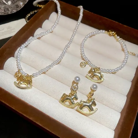 Rocking Horse Artificial Pearl Necklace Bracelet Stud Earrings With 925 Sterling Silver Earring Post Copper Zircon Retro Jewelry