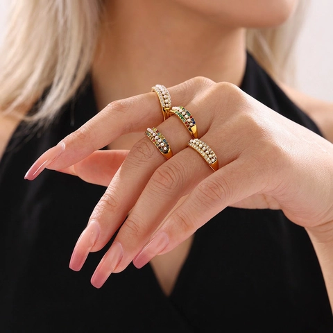 Stainless Steel Ring With Colorful Zircon And Imitation Artificial Pearl Three Row Design Vintage Elegant Jewelry For Women