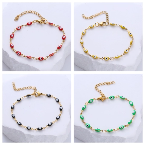 Evil Eye Edelstahl Armband Emaille Herz Oval Gliederkette Böhmisch Ethnisch Verstellbarer Glücksschmuck Für Damen