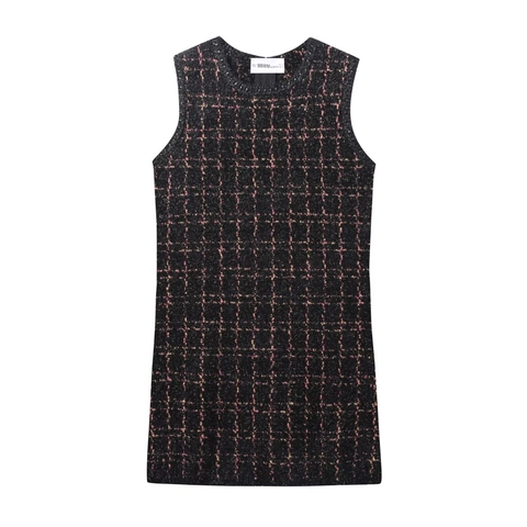 Abito Mini Elegante In Tweed A Quadri Senza Maniche Girocollo Bodycon Cerniera Posteriore Donna