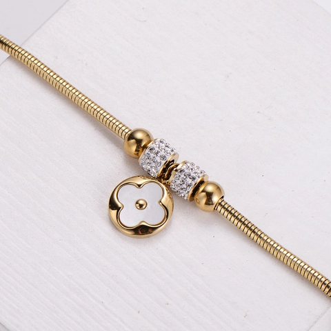 316L Stainless Steel Snake Bone Chain Bracelet White Shell Four Leaf Clover Pendant Zircon Inlaid Magnetic Clasp Women