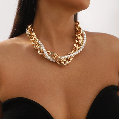 Vintage Alloy Chunky Chain Double Layer Necklace For Women With White Artificial Pearl Punk Style Gold Metal Neck Chain Jewelry Gift