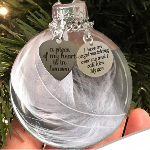 Christmas Memorial Ball Ornament Transparent Plastic With White Feather And Metal Charms Heart Hanging Tree Decoration Sympathy Gift