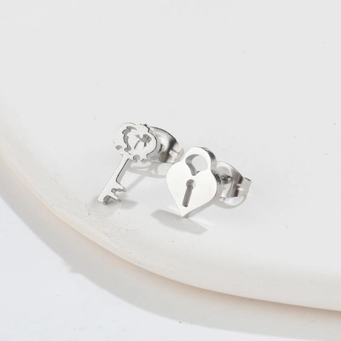 Heart Lock And Key Asymmetric Stud Earrings Stainless Steel Minimalist Jewelry For Women Couple Gift