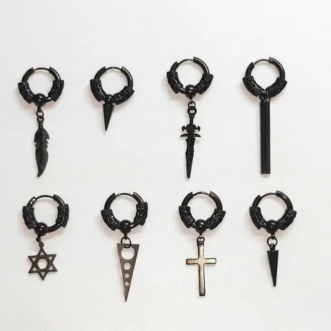 Pendientes De Aro Punk Góticos Acero Inoxidable Cruz Pluma Espada Colgante Hip Hop Joyería Unisex