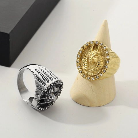Anello Faraone Anubis Egiziano Vintage Acciaio Inossidabile 316L Strass Intarsiato Gioielli Punk Per Uomini