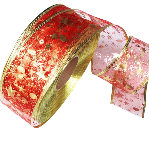 Bronzing Kerstlint Ster Muzieknoot Patroon Glitter Polyester Singelband Voor Cadeauverpakking DIY Boog Decor