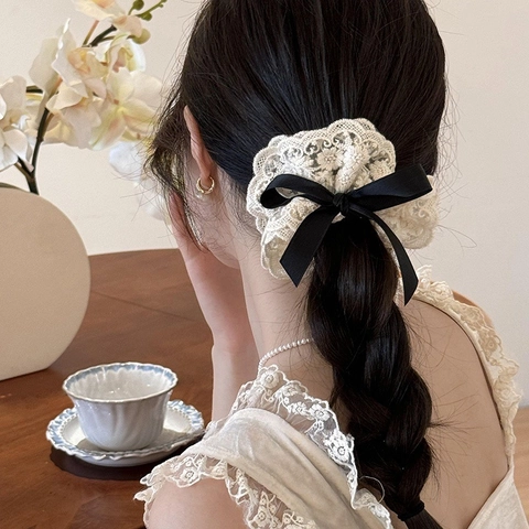 Coleteros De Encaje Y Pinza Para El Cabello Vintage Francés Lazo Elegante Soporte Para Cola De Caballo Para Mujeres Estilo Dulce