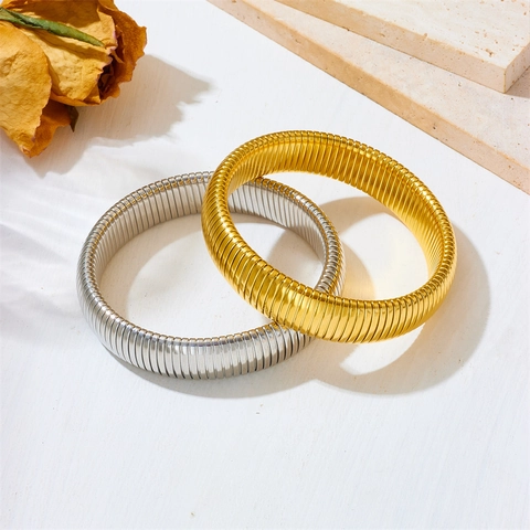 Brazalete Tubogas Acero Inoxidable Elástico Acanalado Espiral Joyería De Moda Para Mujer Estilo Minimalista