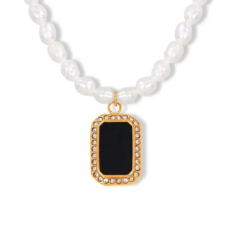 French Vintage Freshwater Pearl Necklace With Titanium Steel Square Acrylic Pendant Rhinestone Elegant Jewelry For Women
