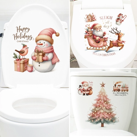 Pink Christmas Toilet Lid Stickers Removable PVC Wall Decals Hand-painted Santa Snowman Reindeer Bathroom Decor