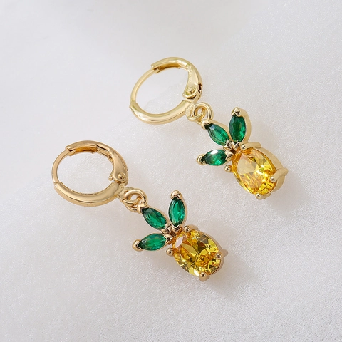 Pineapple Strawberry Leaf Dangle Earrings Copper Gold Plated With Colorful Zircon For Women Cute INS Style Accessory
