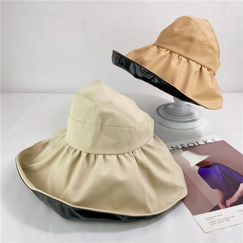 Women Reversible Sun Hat Large Brim UV Protection Vinyl Coating Empty Top Foldable Ponytail Friendly Beach Visor