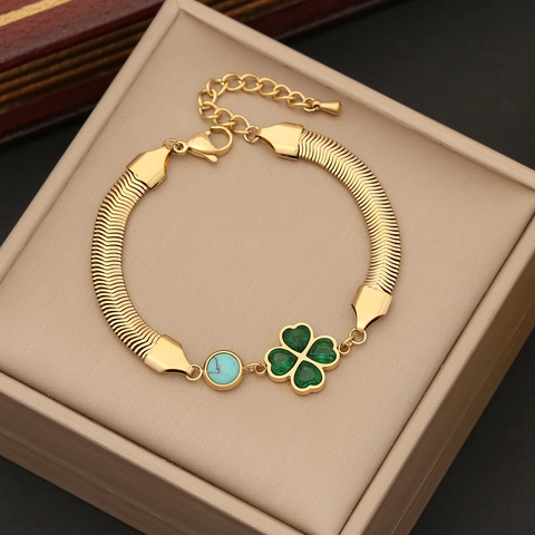 Pulsera De Acero Inoxidable Vintage Chapada En Oro Mal De Ojo Mariposa Trébol Joyería Boho Mujer Cadena Ajustable