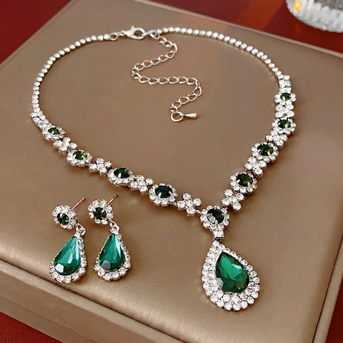 Collana Orecchini Lega Goccia Acqua Forma Pera Strass Verde Gioielli Lusso Accessori Donna Vestito Sera