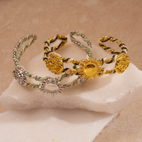 Bohemian Sun Flower Alloy Open Bangle Bracelet With Multi Color Woven Rope Retro Ethnic Style For Women Jewelry