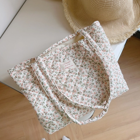 Borsa Tote Trapuntata Floreale Cotone Imbottito Grande Capacità Borsa A Spalla Dolce Fresca Per Donne Viaggio Quotidiano