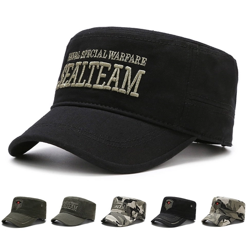 Casquette Militaire Plate Cadet Homme Coton Toile Réglable Tactique Chapeau Soleil Extérieur Broderie