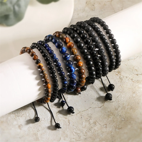 Natural Lava Stone Tiger Eye Beaded Bracelet Adjustable Braided Rope Vintage Ethnic Handmade Jewelry For Men Women