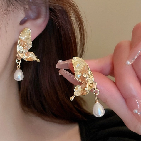 Orecchini A Farfalla Lega Con Cristallo Imitazione Perla Artificial E Perno In Argento Sterling 925 Stile Francese Retrò