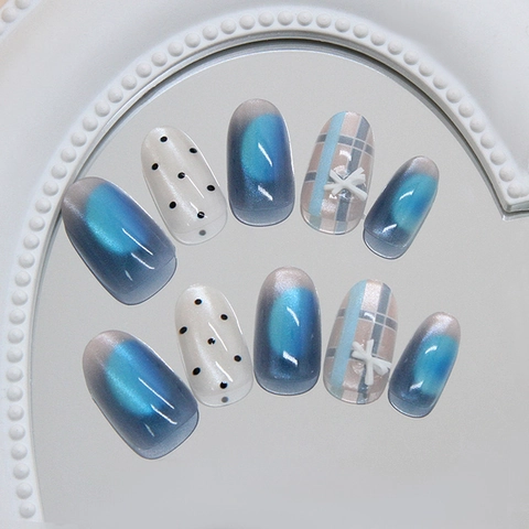 Blue Cat Eye Press On Nails Oval Plaid Polka Dot Pattern With 3D Bow Accent Synthetic Resin For Women