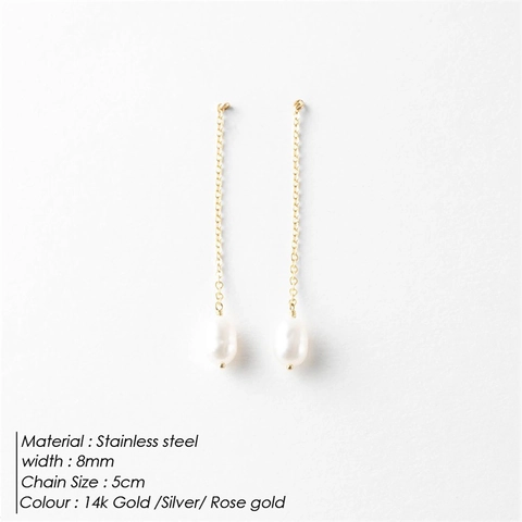 Baroque Artificial Pearl Dangle Earrings Stainless Steel Long Chain Gold Plated Minimalist Elegant Jewelry For Women