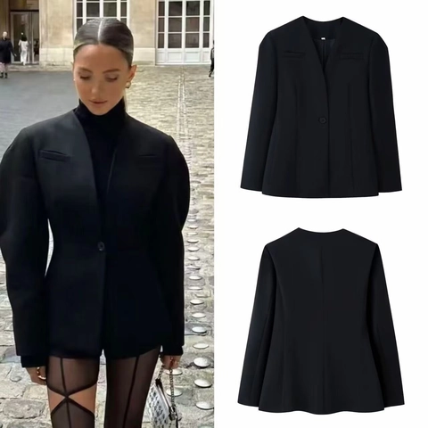 Blazer Noir Pour Femmes Veste Manches Bouffantes Col En V Simple Boutonnage Polyester Élégant Style Commuter