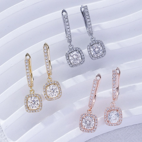 Boucles d'Oreilles Pendantes en Cuivre Élégantes Halo Carré Zirconia Incrusté Dormeuse Plaqué Or Argent Rose Bijoux Mode Femmes